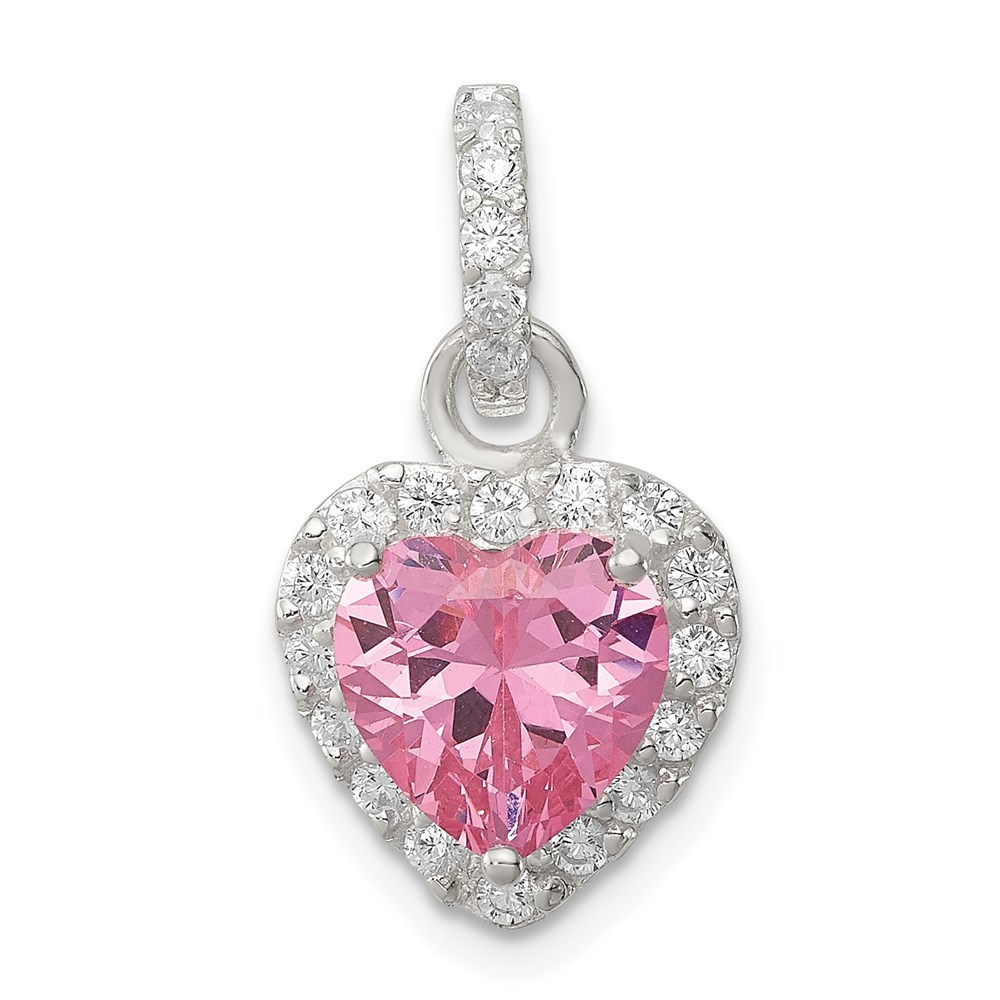 925 Sterling Silver Clear CZ and Pink CZ Heart Necklace Charm Pendant